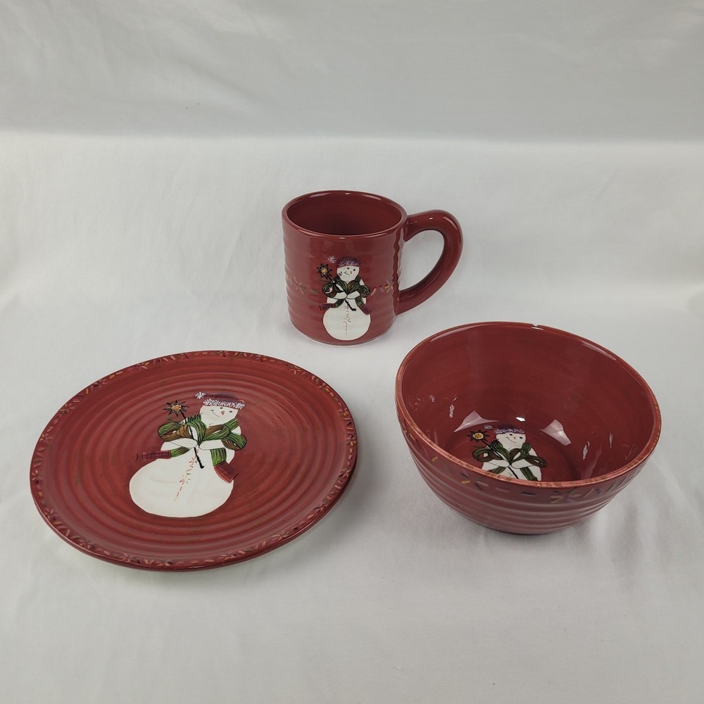 Tracy Porter Jingle Bell Snowman Red Ceramic Mug Bowl Plate 3 Piece Set